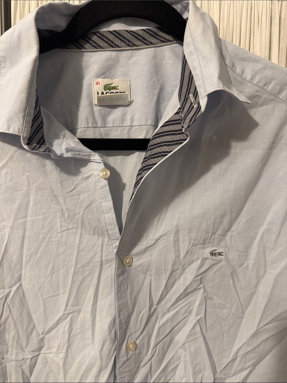 Lacoste Light Blue Men's Button-Down Shirt with Striped Collar Trim